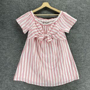 New Tassels N Lace Women Top L Large Pink Striped Lined Short Sleeve A-Line